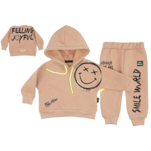 Σετ φόρμας σε μπεζ χρώμα με επένδυση fleece και σχέδιο smile